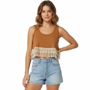 Anthro Fringe Hem Boho Cropped Tank Top in Brown and Cream